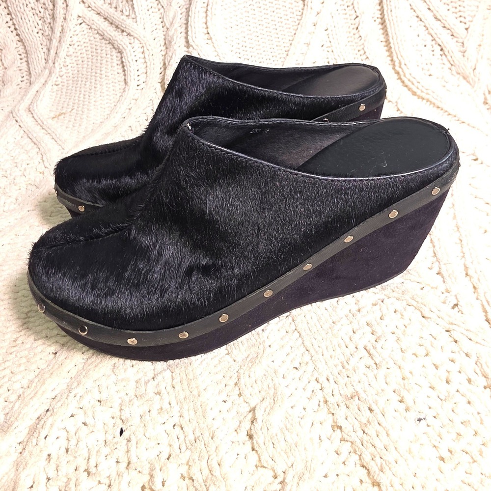 Antelope Clogs‎ Mules Pony Hair Black Studded Leather Wedge Women 39 8 8.5